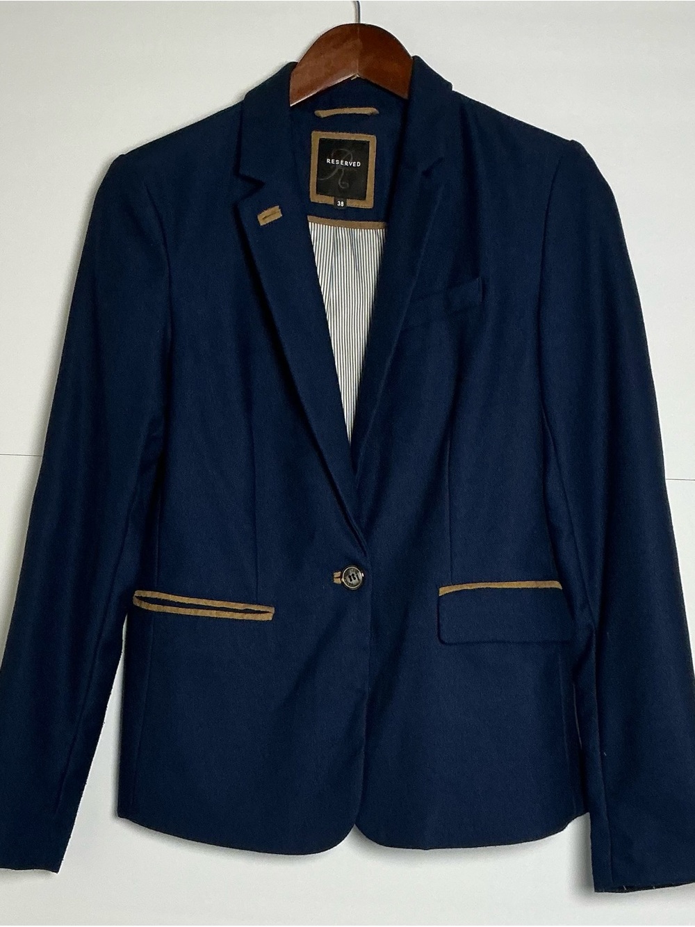 Reserved Navy Equestrian Blazer Tan Elbow Patches EU 38 US 6
